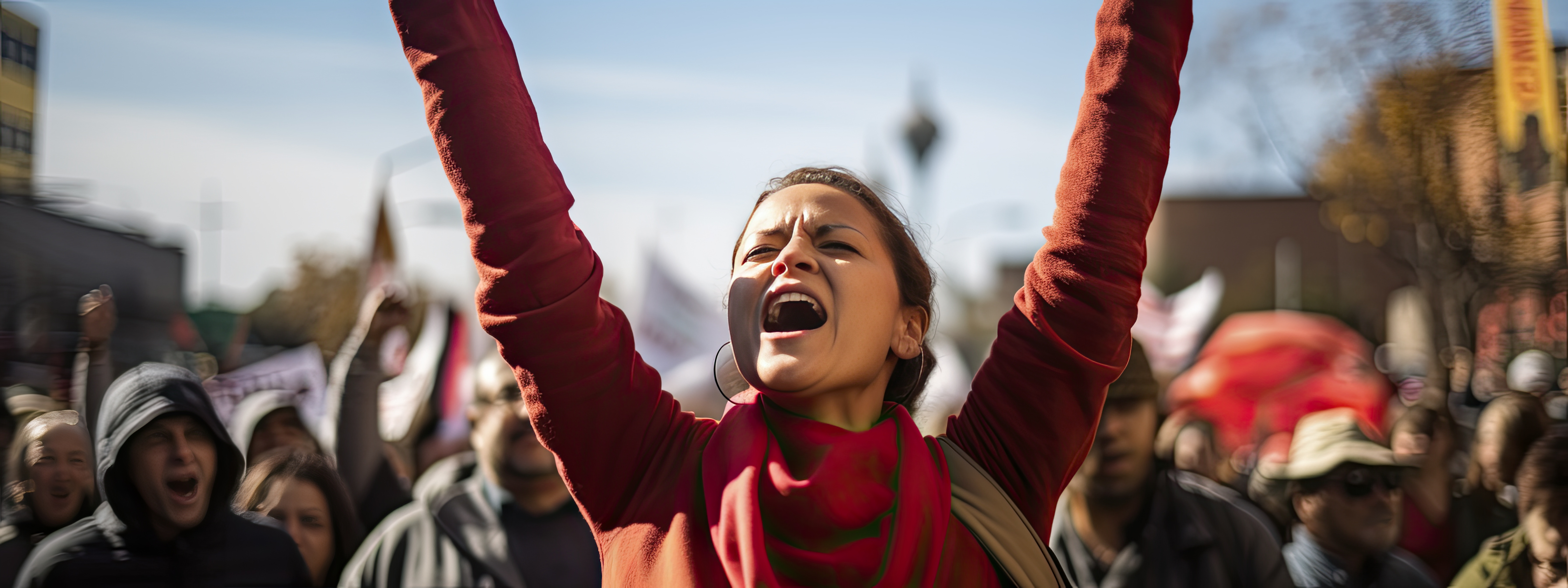Woman raising hands participating in a protest for human rights